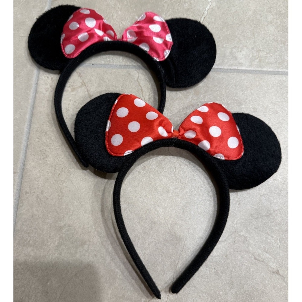 Minnie Mouse Ears Red Pink Polka Dot Bow Girls Headbands Lot of 2 Costume Park